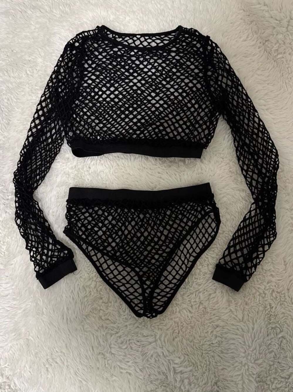 Fishnet Long Sleeved Crop Top & Matching High Waisted Bottoms